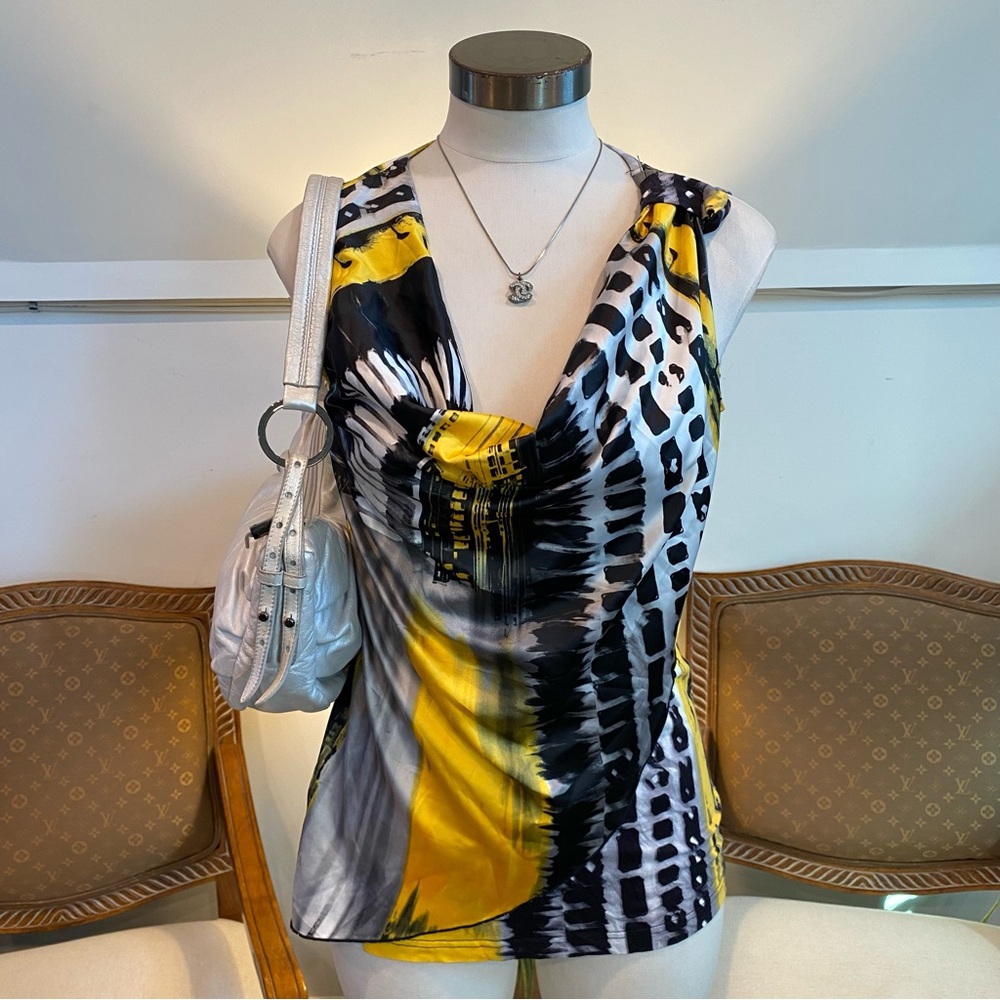 Vintage Y2K Yellow and Black Cityscape Manhattan Women's Top Blouse, Size 8